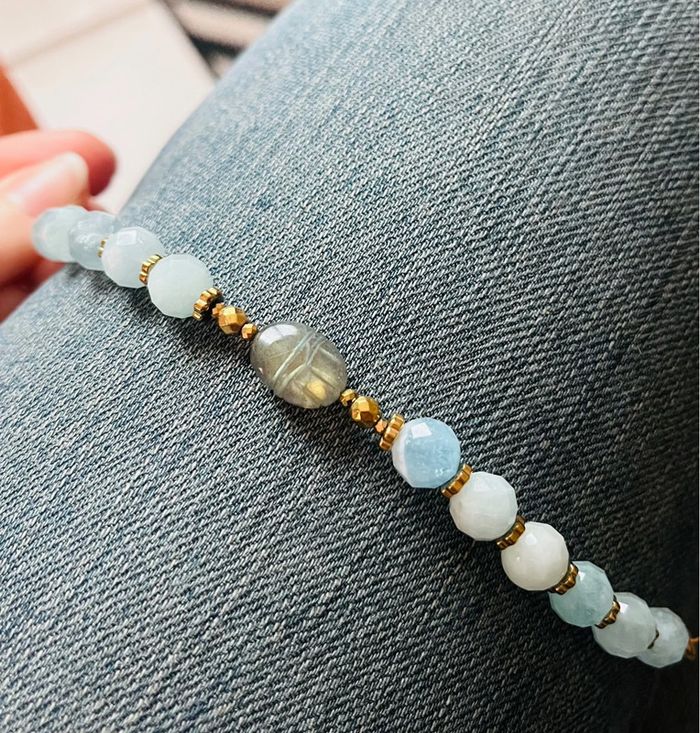 Bracelet amulette scarabée Labradorite et Aigue Marine - photo numéro 4