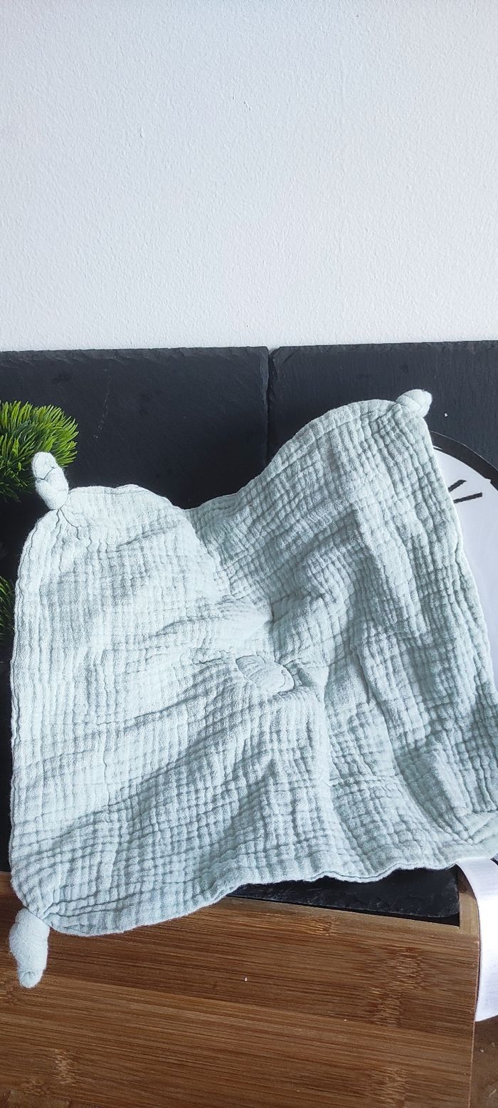 obaïbi Okaïdi Doudou plat chat lange bleu vert gris coton carré plat chat capuche blanc - photo numéro 2