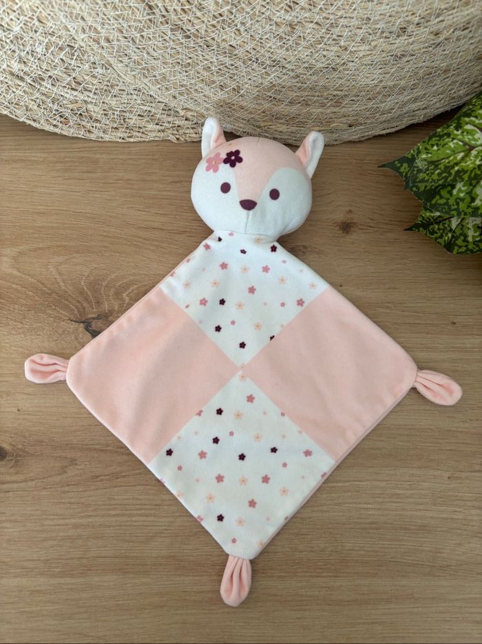 Doudou plat renard biche rose blanc fleur mes petits cailloux - photo numéro 2