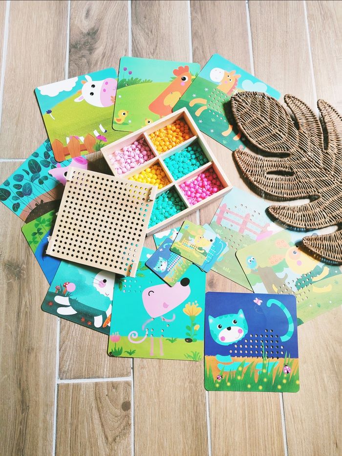 👶Coffret Montessori mosaïques en bois avec fiches animaux et clous en plastique
