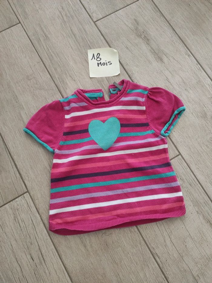Pull manches courtes rose pailleté coeur vert 18 mois