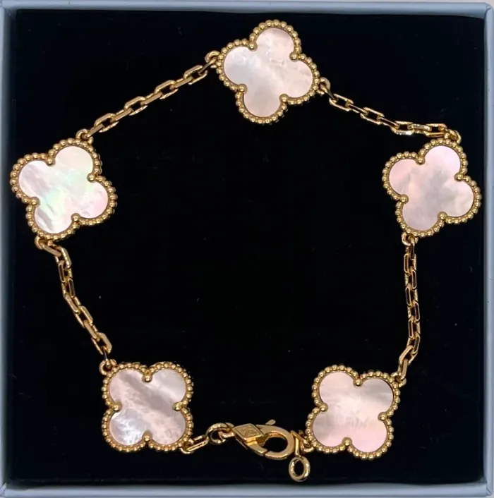 Bracelet 5 trèfles 15mm plaqué or nacré - photo numéro 14