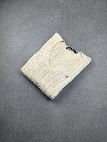 Pull d’hiver torsadé en maille Ralph Lauren blanc crème logo violet col V taille M femme