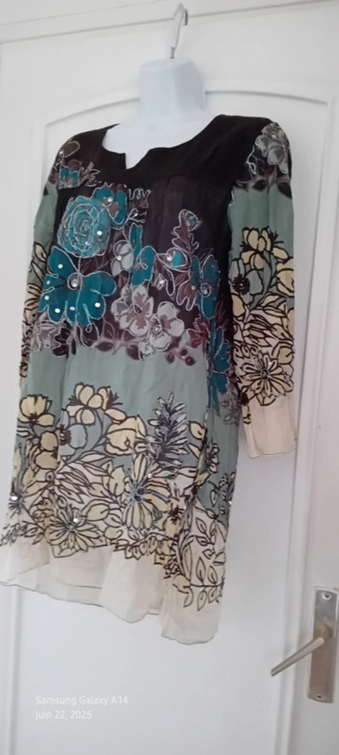 Robe tunique estivale semitransparente motif floral avec sequins multicolore femme XL - photo numéro 11