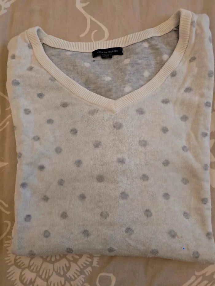 🌟 Pull col V blanc à pois gris Tommy hilfiger femme - Taille  XXL 🌟