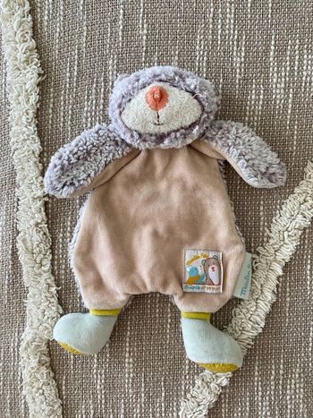 Peluche doudou plat 24cm Moulin Roty Biscotte et Pompon ours marron gris et bleu bon état
