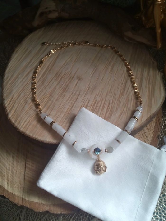Collier labradorite jade blanche boudha - photo numéro 2