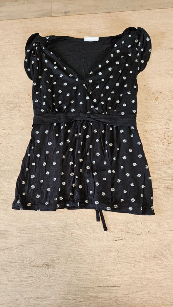 Blouse sans manche ceintrée noire à dessins blancs, Yessica, M, nickel