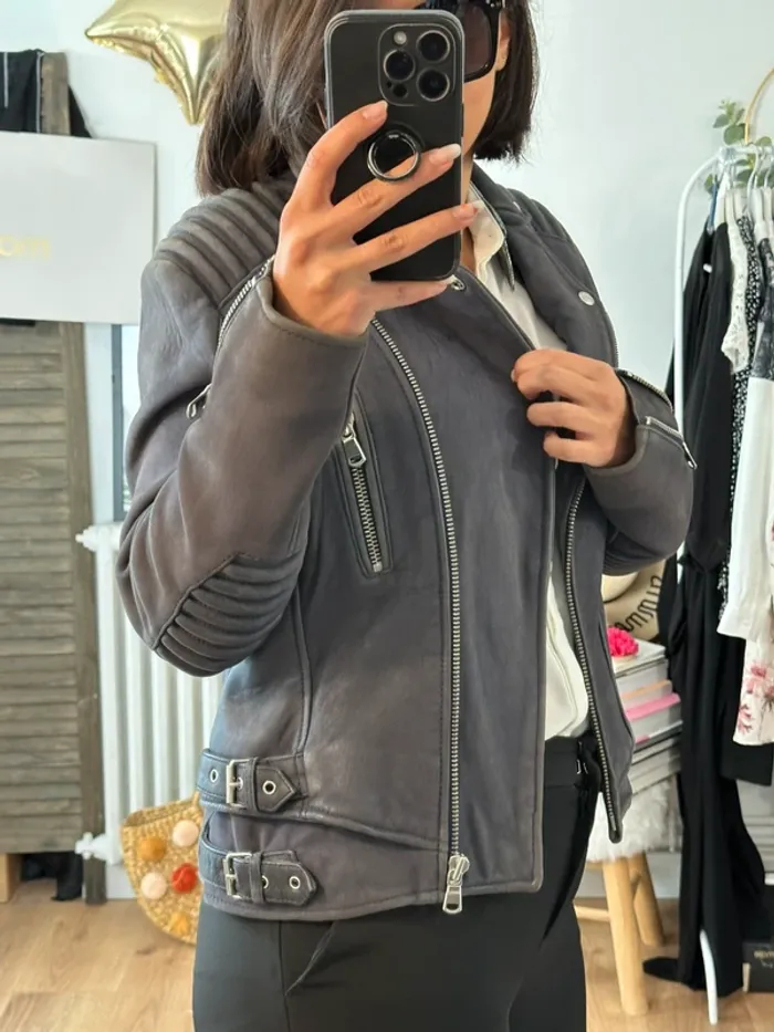 Perfecto The Kooples gris bleu taille 40 en daim - photo numéro 3
