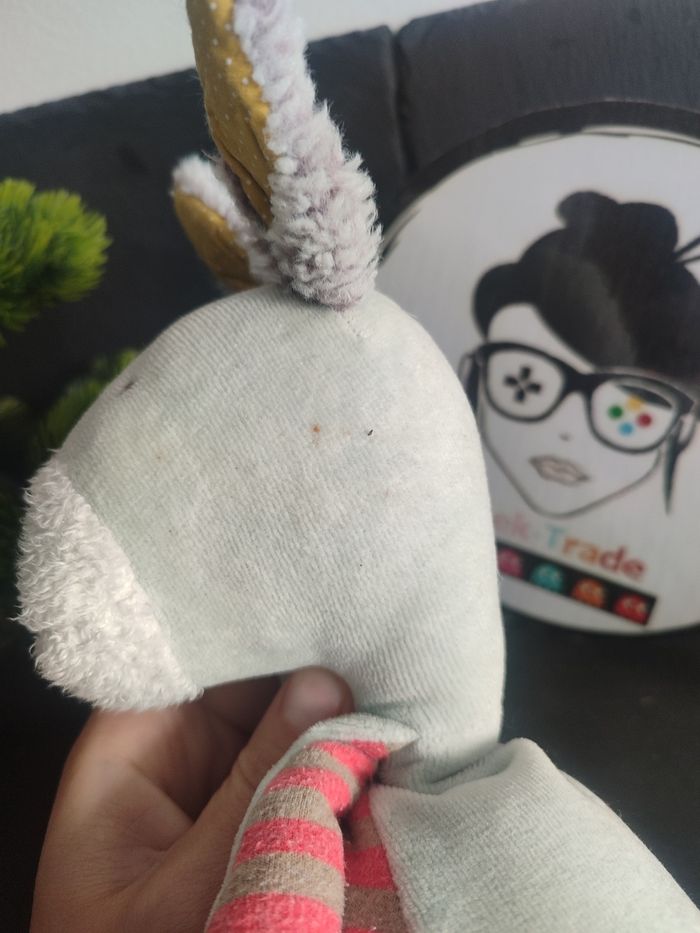 Doudou ane cheval bleu rouge beige rayé Biscotte et Pompon moulin roty peluche - photo numéro 3