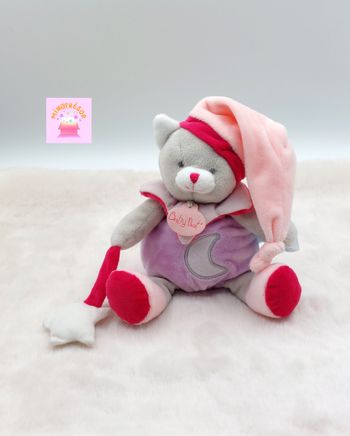 BABY NAT Peluche doudou chat gris mauve rose luminescent lune étoile BN0139
