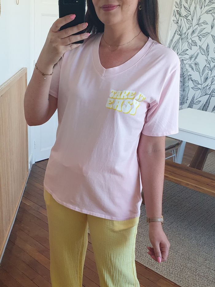T-shirt oversize Take it easy rose/jaune Taille unique - photo numéro 2