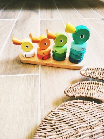 🦆Abaque la Famille canards anneaux numérotés à empiler en bois marque Janod