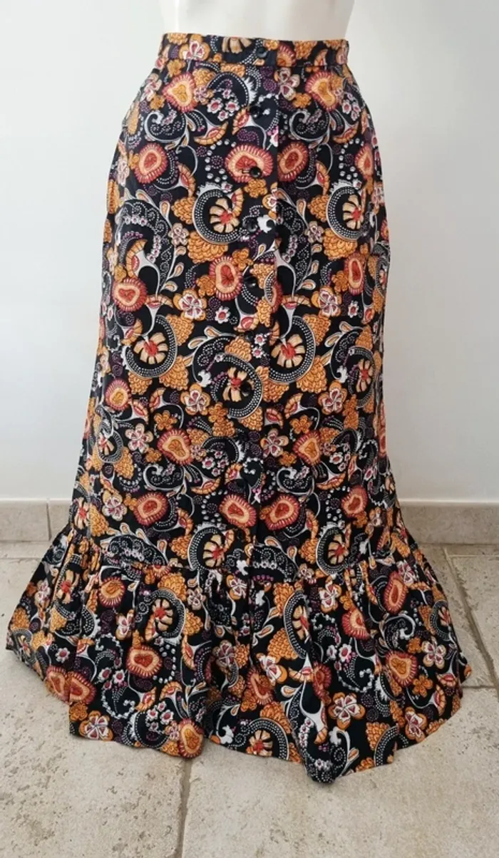 Jupe longue 38 imprimée fleuri noir orange - photo numéro 6