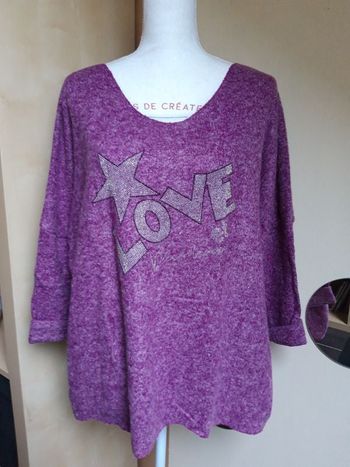 Pull doux violine prune love strass neuf