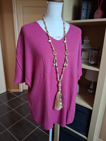 Pull fin rose fushia prune maille nid d'abeilles neuf