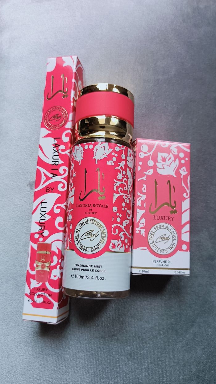 Lot parfum femme Yara Candy – musc roll-on, brume & parfum 35ml Luxury – senteur gourmande 💖