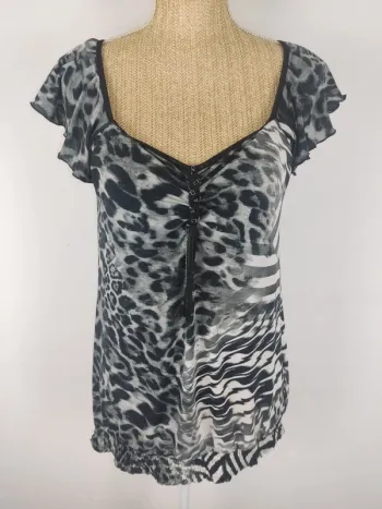 Blouse manches courtes motif léopard noir gris blanc taille 40 Patrice Breal