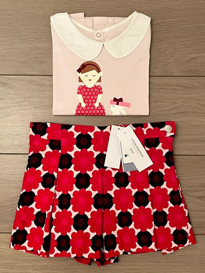 Jupe culotte en coton organique avec taille ajustable et T-shirt à col Claudine Jacadi T-4 ans - photo numéro 2