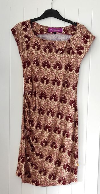 Robe courte femme S - Floral beige & bordeaux, manches courtes