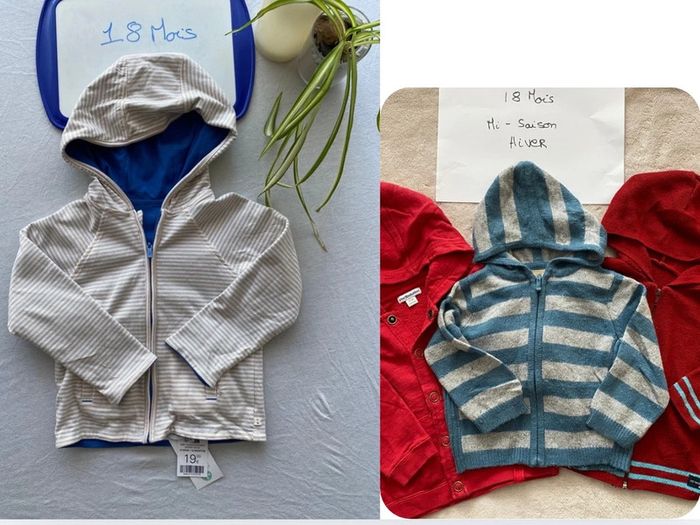 Lot 1 gilet réversible Neuf et 3 gilets zippés à capuche TBE - 18 mois - Obaïbi, Vertbaudet & autre