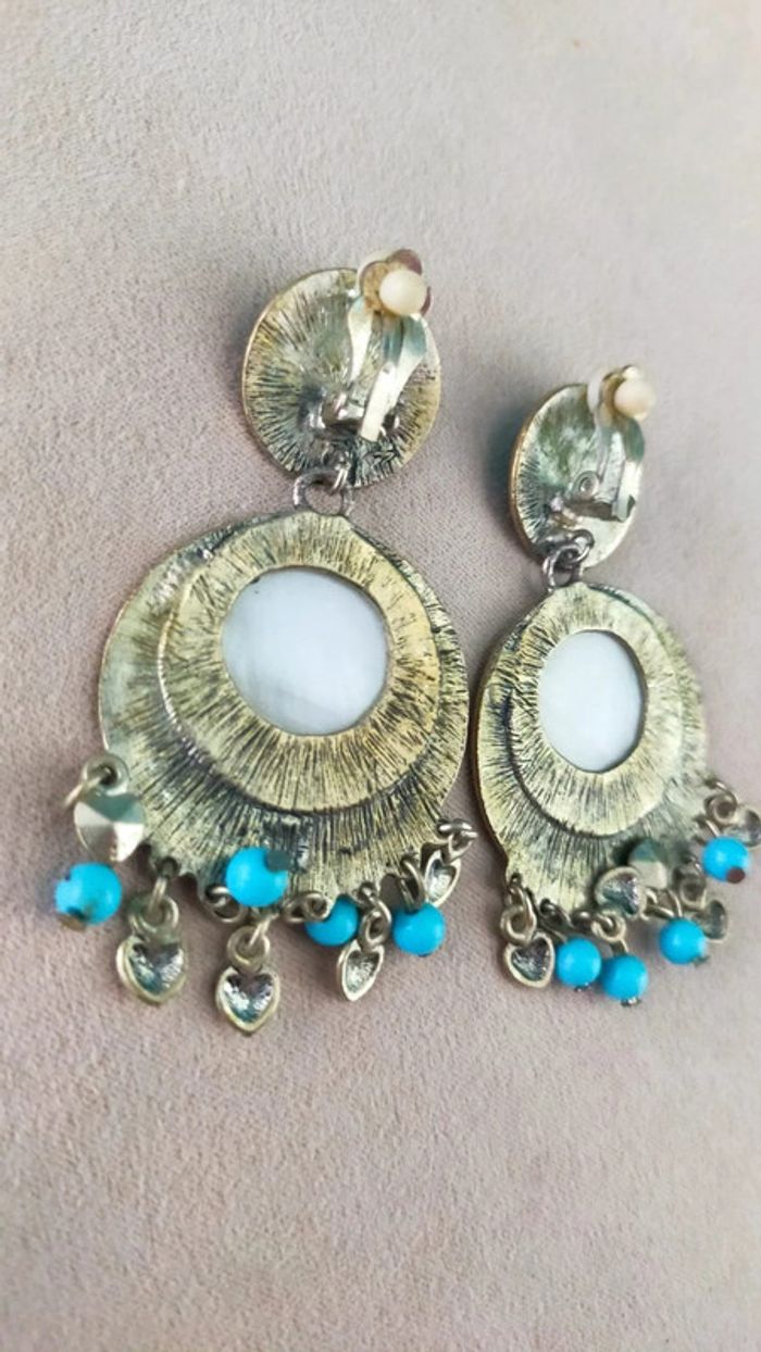 Boucles d’oreilles orientalisant et pampilles bleu turquoise vintage à clip - Collection Brume Bleue - photo numéro 5