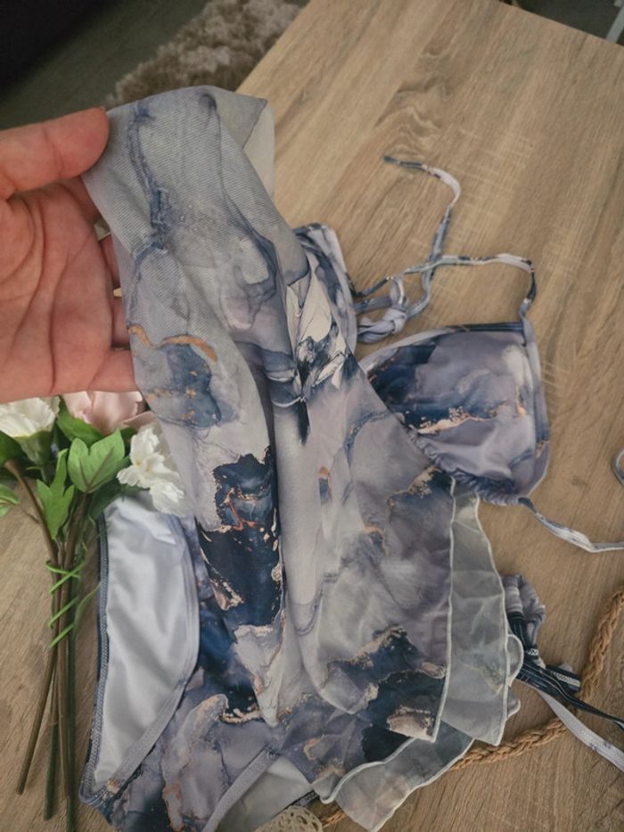 Bikini + paréo tons bleus lilas doré taille M - photo numéro 2