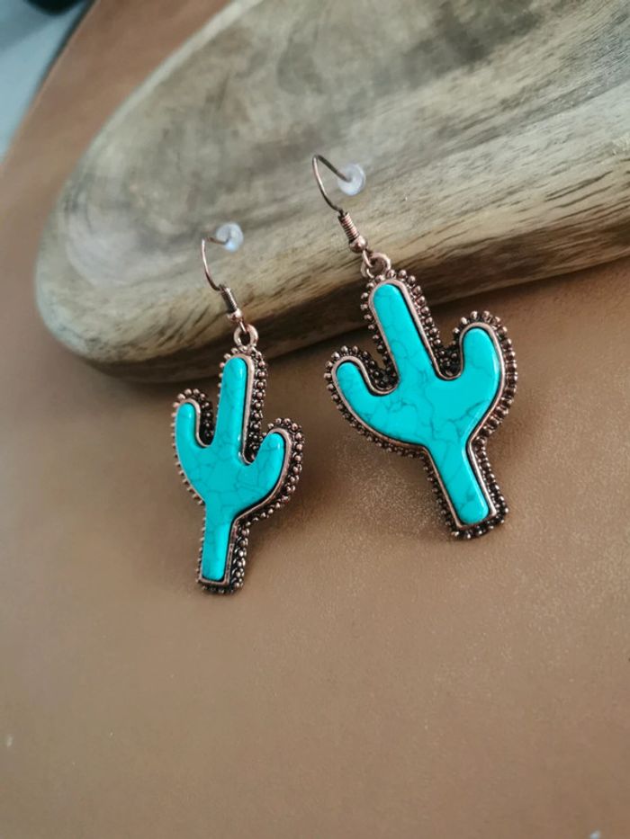 Boucles d oreilles cactus bleu style western - photo numéro 2