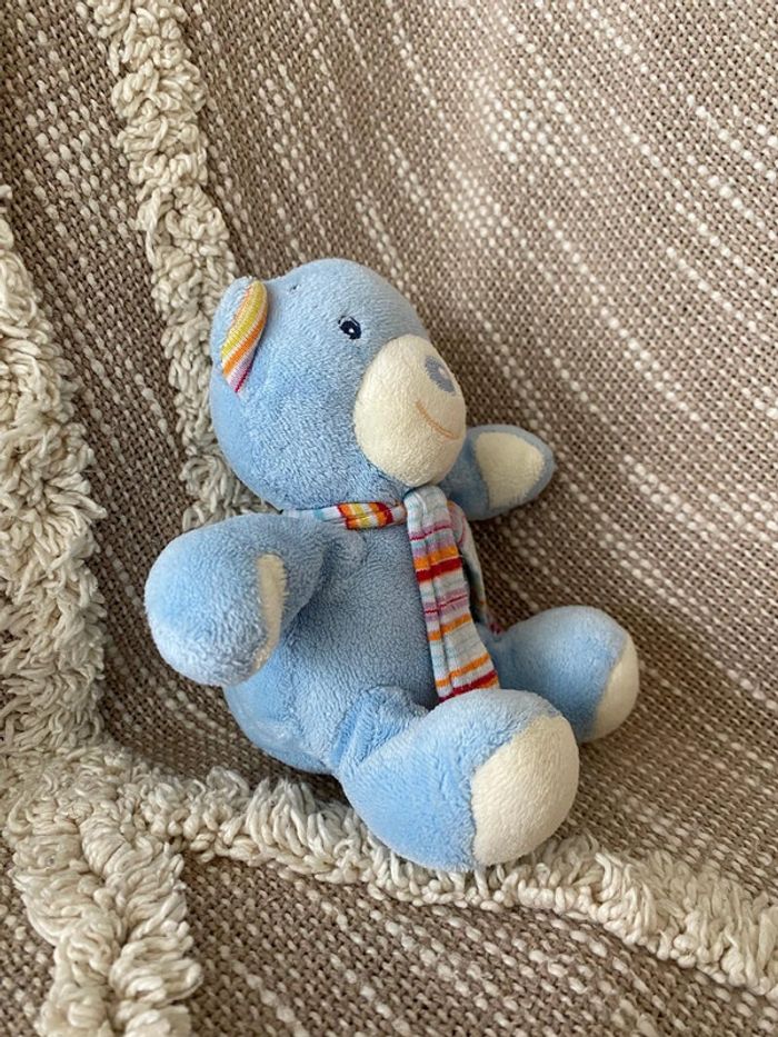 Peluche doudou 15cm babysun ours bleu blanc écharpe rayé rouge très bon état - photo numéro 2