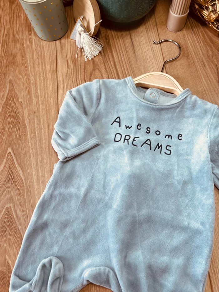 Taille 1 mois pyjama velours garçon Kiabi gris bleu * dreams * 💙 - photo numéro 2