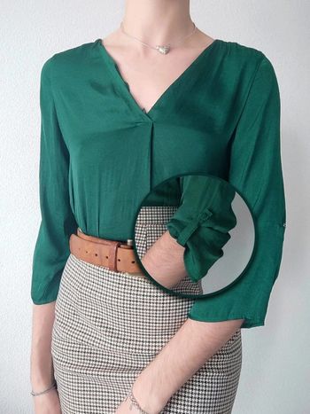 Blouse satin col V 3/4 vert sapin / Stradivarius - 36/S à 38/M
