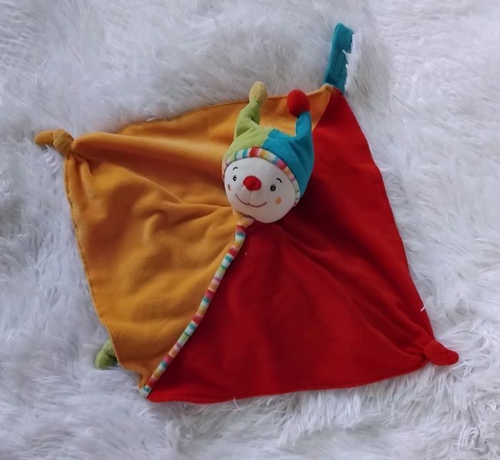 Doudou arlequin rouge,orange et vert -Milette