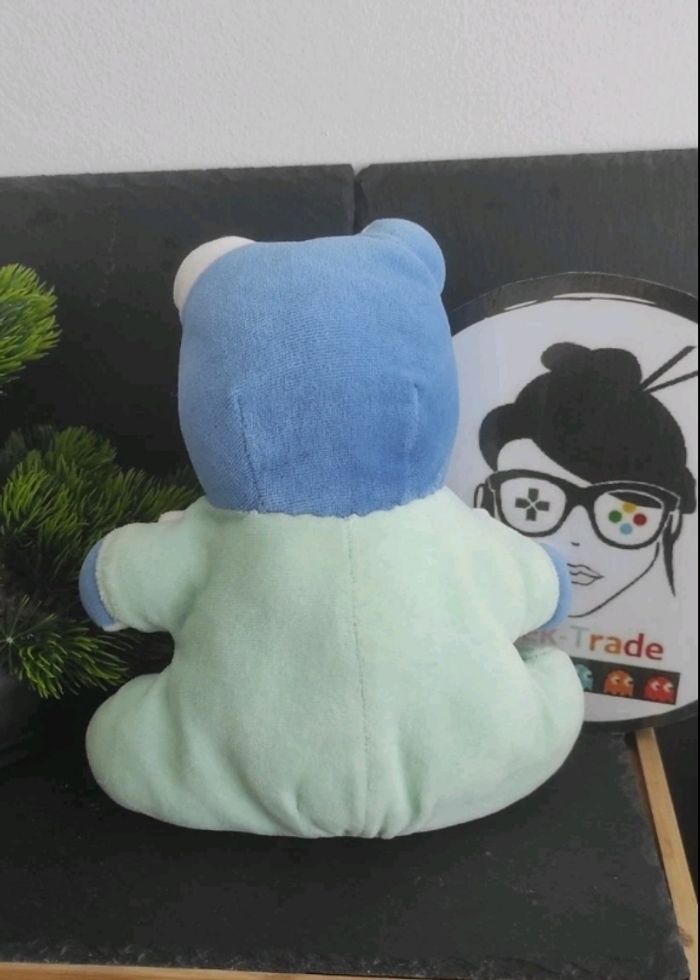 Doudou Ours bleu pyjama vert Musti bavoir blanc Peluche Ancien Bébé Mustela - photo numéro 2