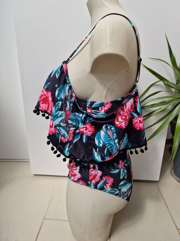 Maillot de Bain Tankini Une Piece Col Bateau Pompons Fleurs Taille 2XL 48 - photo numéro 7