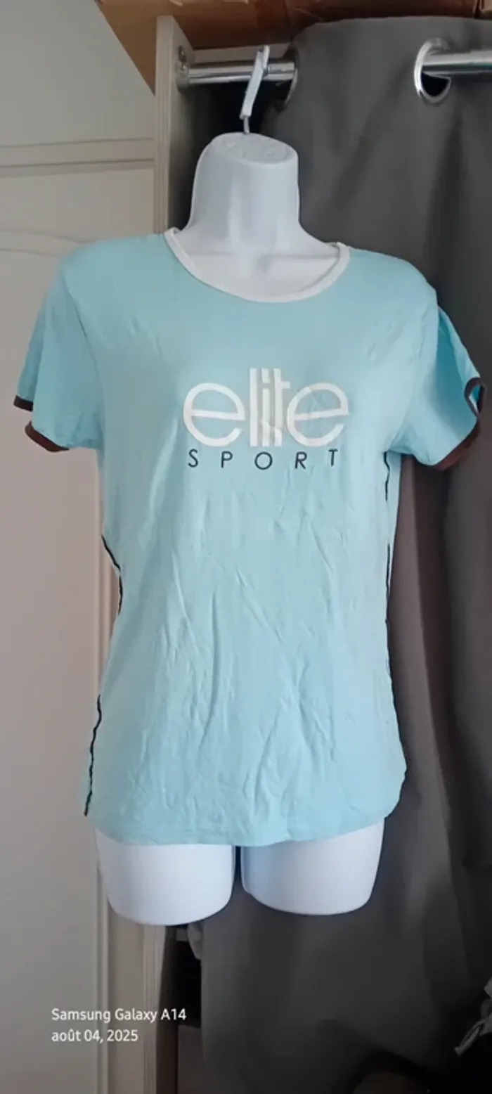 Tee-shirt de sport élite manches courtes bleu et blanc col rond en viscose femme 40/42 élite sport - photo numéro 8