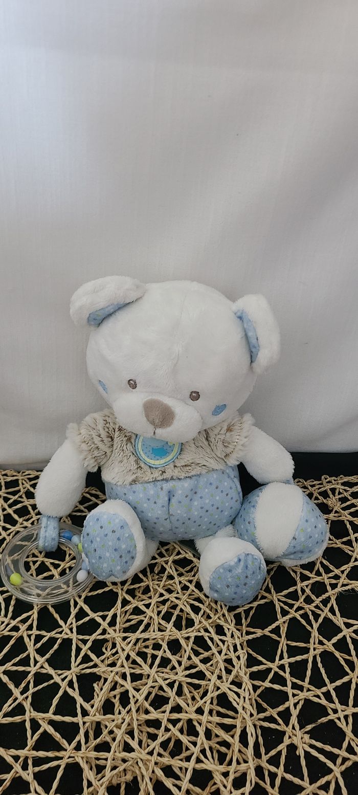 Doudou ours blanc beige bleu pois balle hochet MOTS D'ENFANTS