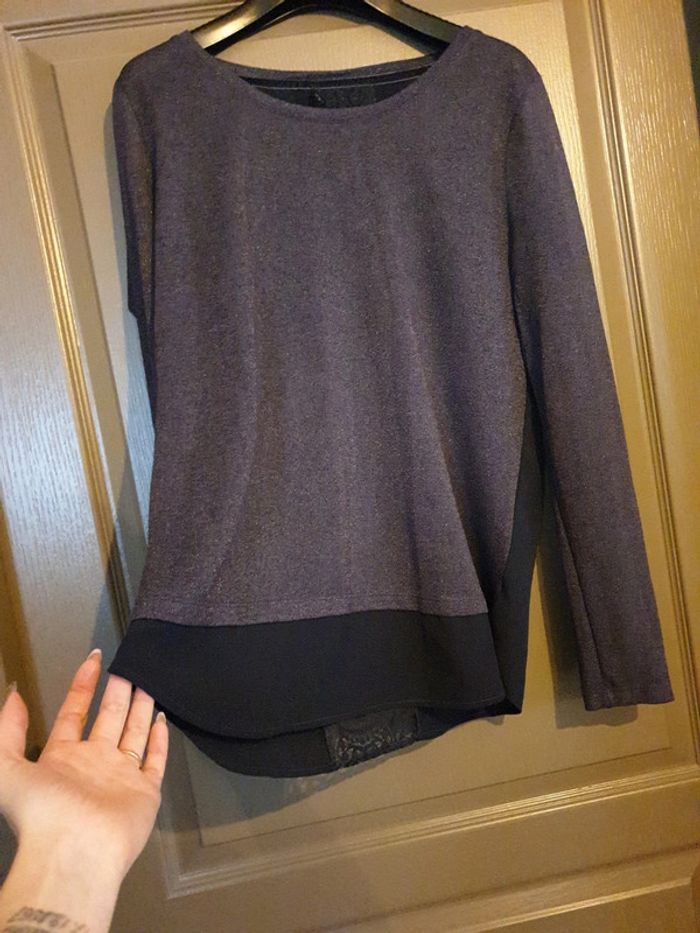 Blouse fluide bi matière bleu marine - photo numéro 2