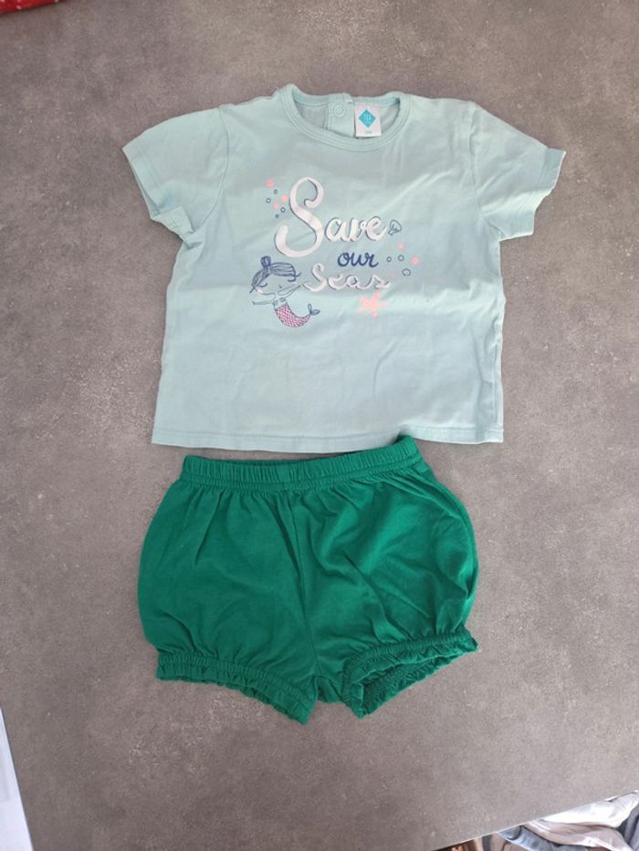 Ensemble 2 pièces bébé fille short vert Tee-shirt bleu ciel T18mois TBE tex