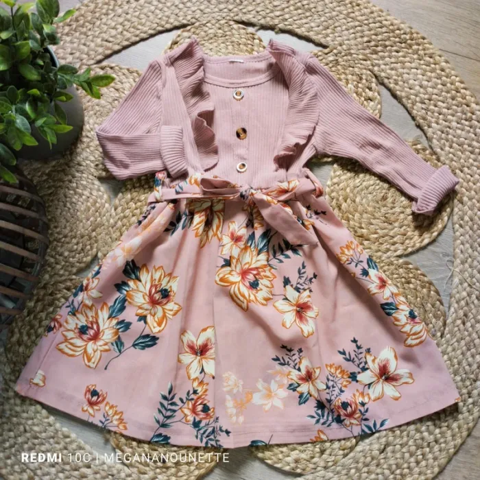 🌸 Robe fille fleurie rose – Taille 4 ans – haut en tissu côtelé, style bohème chic 🌸 - photo numéro 2