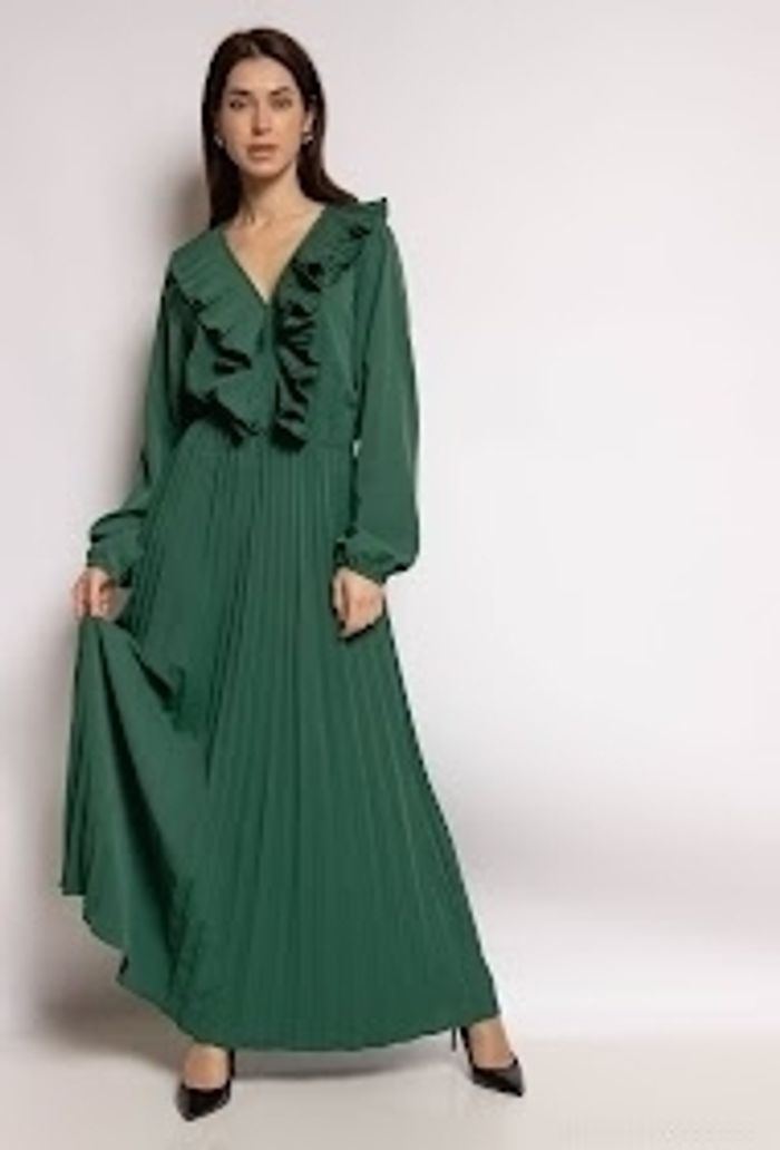 Robe longue d'été ou cérémonie vert sapin manche longue bas plissé et décolleté froufrou taille 36/38 - photo numéro 2