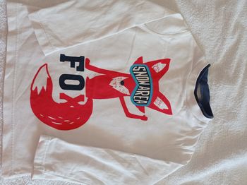 Pull pour garçon blanc marque Okaïdi taille 4 ans 102 cm double colle bleu avec motif renard voir photos