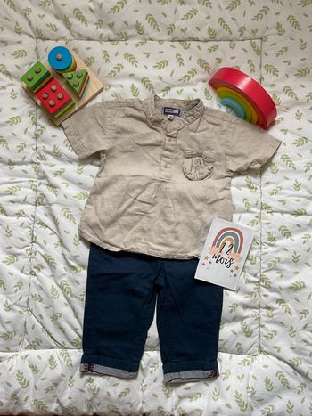 ensemble chemise manches courtes beige premierôle et pantalon marine 12 mois