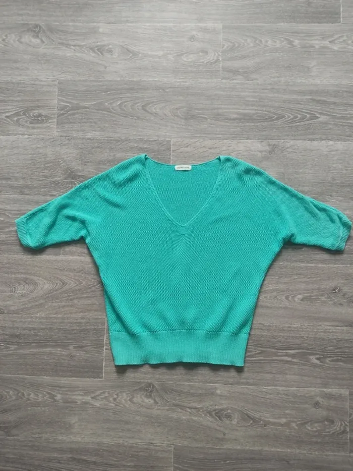 Blouse manches courtes maille tricot turquoise taille S Cache Cache - photo numéro 6