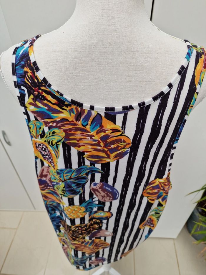 Debardeur Oversize Rayures Blanches Noires Imprimé Ananas Feuillages Papayes Multicolore - photo numéro 8
