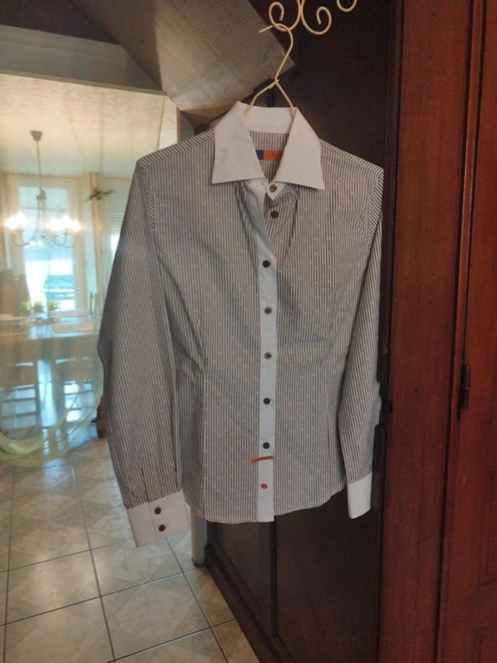 Chemise blanche rayures kiss print lèvres bisou S/36 vintage - photo numéro 2