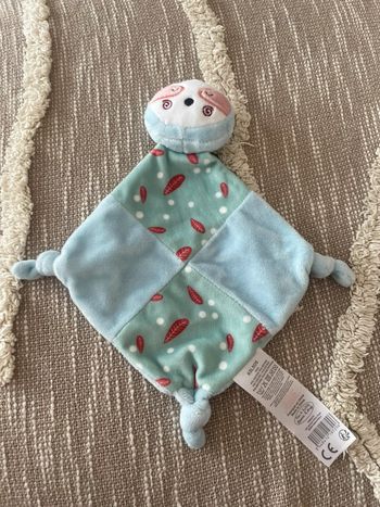 Peluche doudou plat 28cm Tom et kiddy paresseux bleu et blanc parfait état