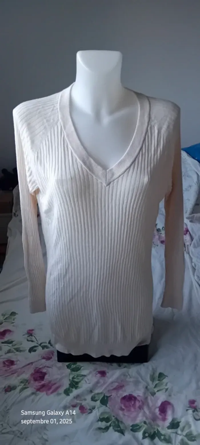 Pull tunique long léger col V manches longues maille côtelée crème femme L la redoute - photo numéro 5