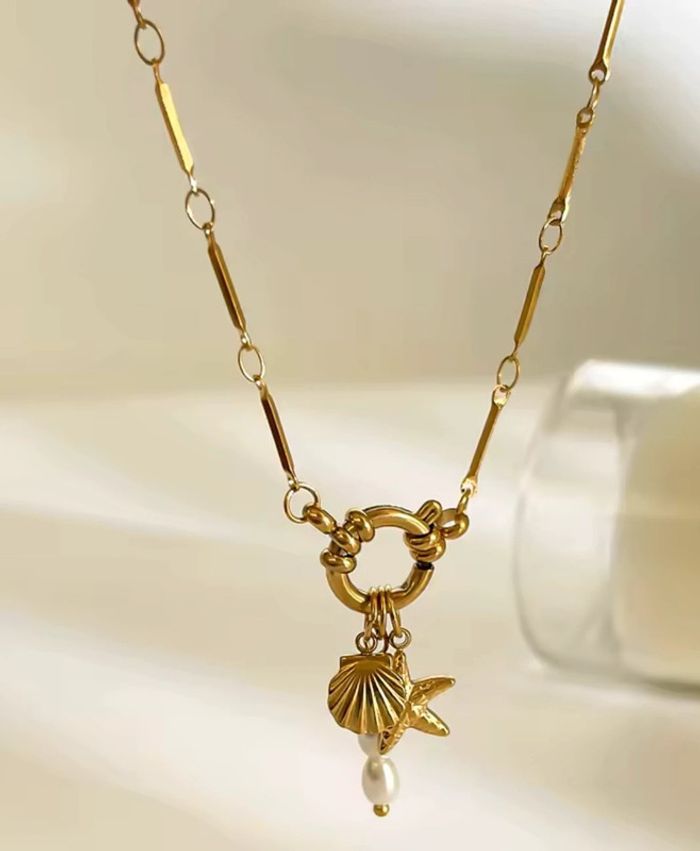 Collier “Trio Marin” en acier inoxydable 316L, pendentifs coquillage, étoile de mer & perle d’eau - photo numéro 6