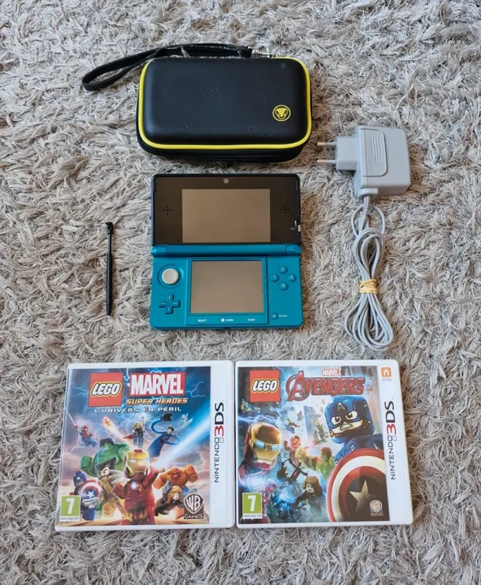 Lot Console Nintendo 3DS Bleue Aqua Blue + 2 Jeux - photo numéro 2