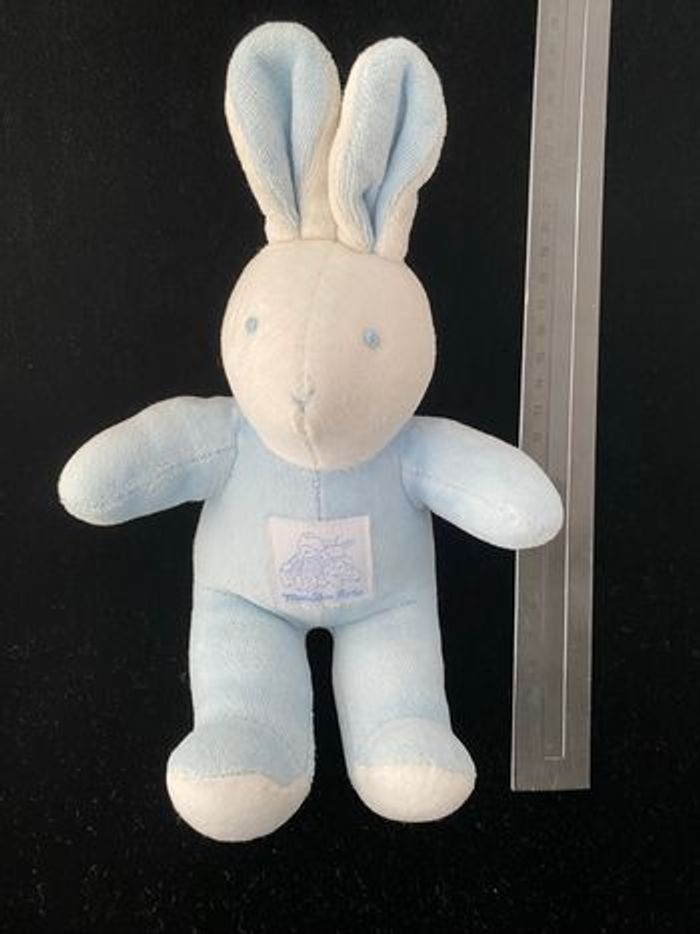 B5910❤️Peluche doudou lapin moulin roty bleu blanc grelot - photo numéro 2